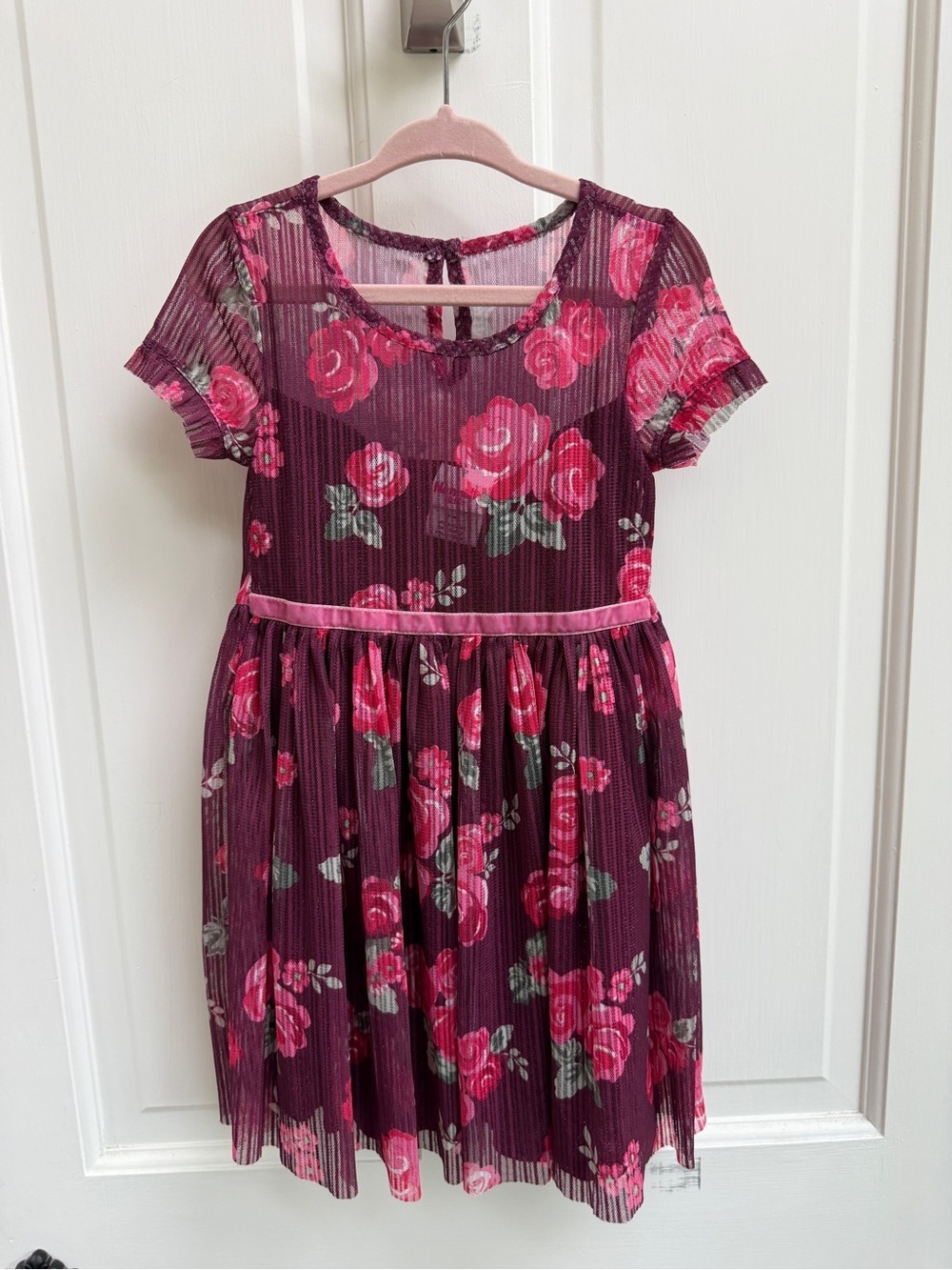 Nanette Kids 4T Girls Plum Maroon Floral Short Sleeve Dress Pink Rose Accents